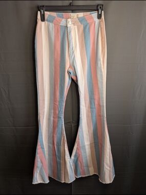 Altar'd State Striped Flare Jeans in Blue, Pink, Cream